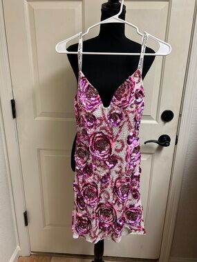 Rachel Allan Floral Sequin Short Sweetheart Dress, Pink and White, Size 4